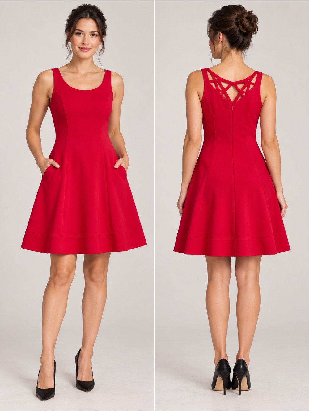 WHITE HOUSE BLACK MARKET Red Fit & Flare Dress Cutout Neckline With Pockets